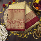 Vriksham Regal Golden Beige With Maroon Zari Border & Pallu Kanchi Silk Saree-VS4789